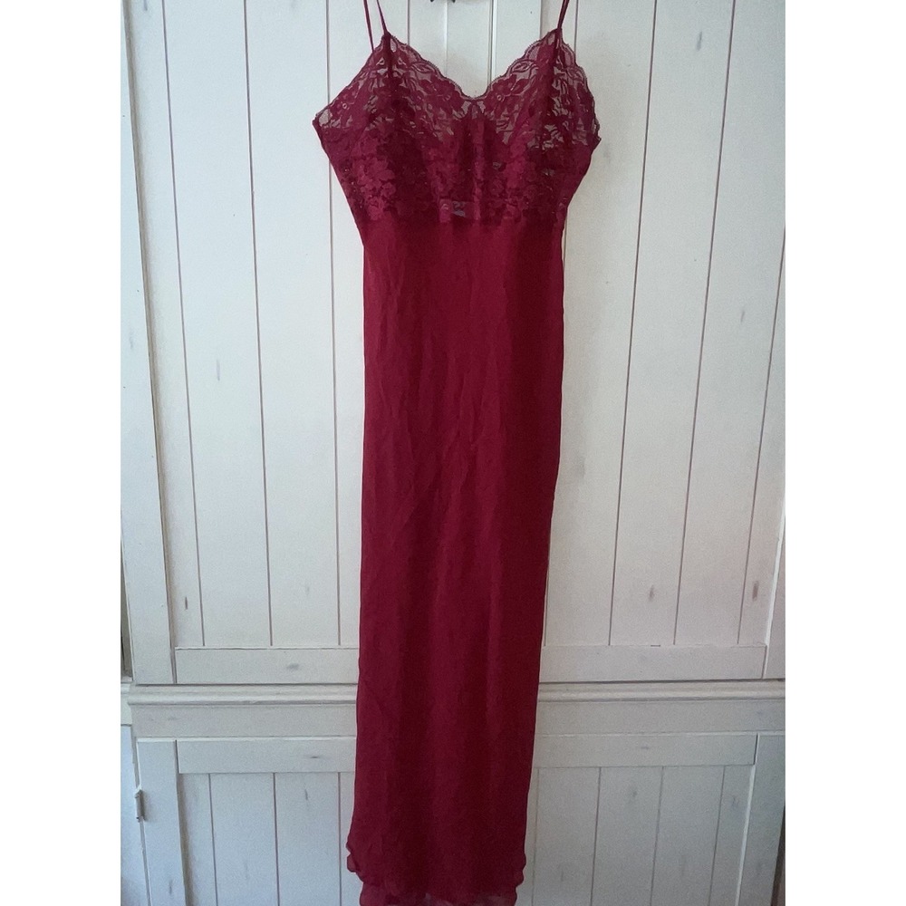 Woman's WILLOW BLOSSOM 100% Silk Red Full Length Chiffon Lace Top Slip Dress L